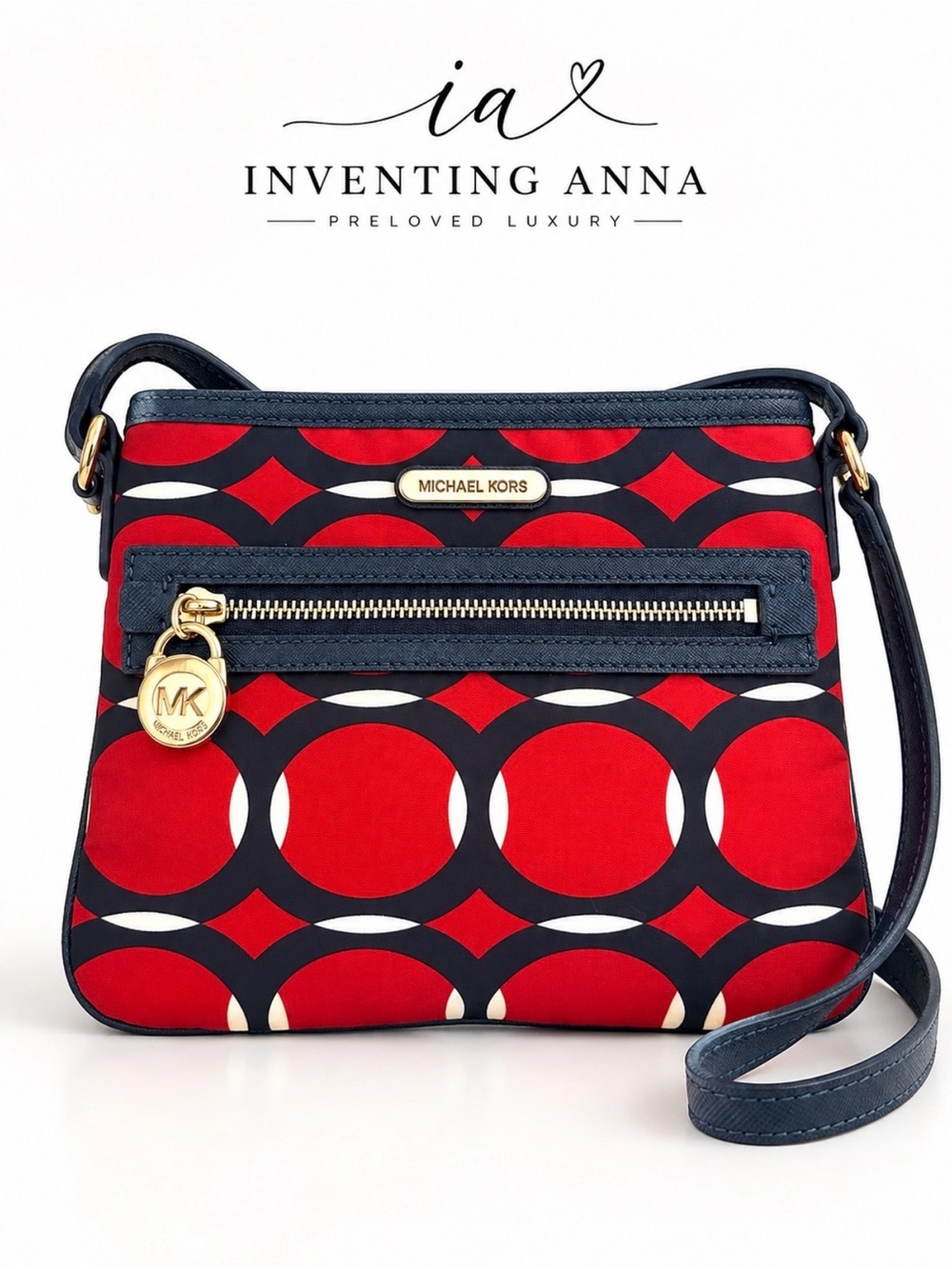 Michael Kors Red, Navy & White Geometric Crossbody Bag w/Gold Hardware